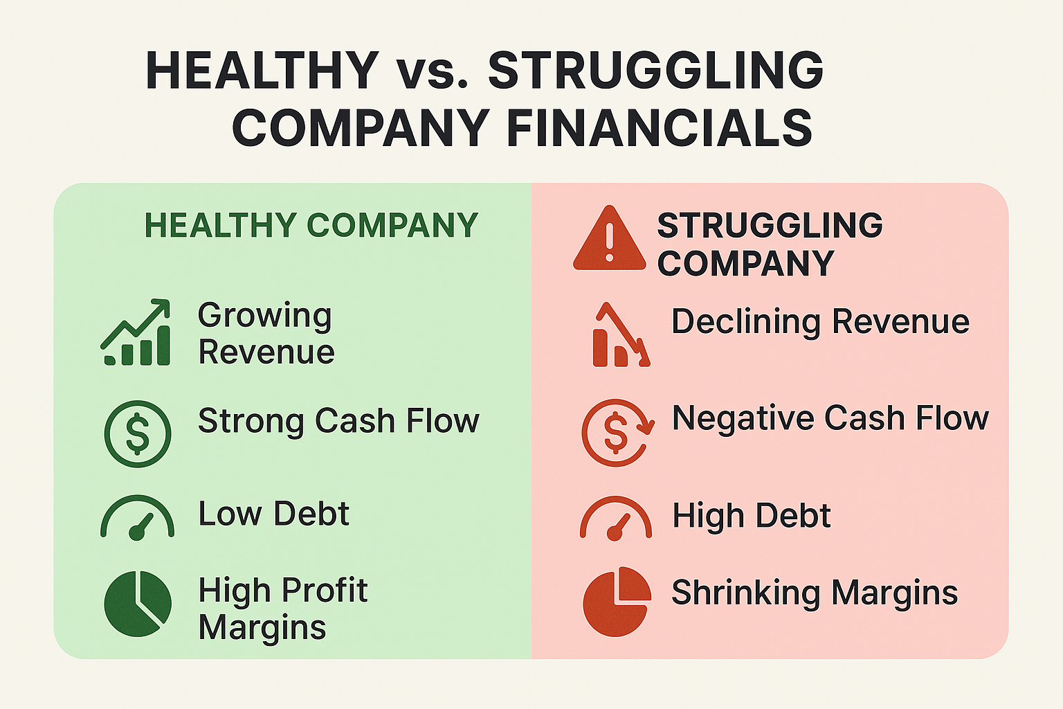 Landscape 1536x1024 comparison chart titled "Healthy vs. Struggling Company Financials" split into two sides. Left side (green-themed): "Hea