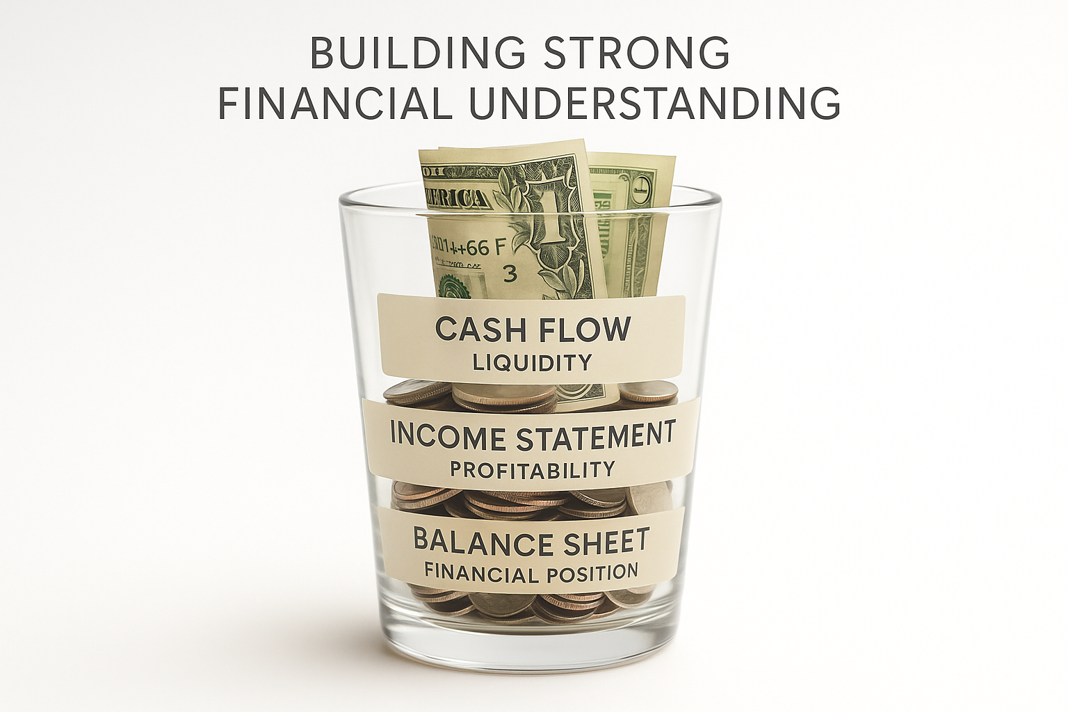 Square 1024x1024 format showing a simple, elegant visual metaphor: a transparent glass filled with coins and dollar bills, with three distin