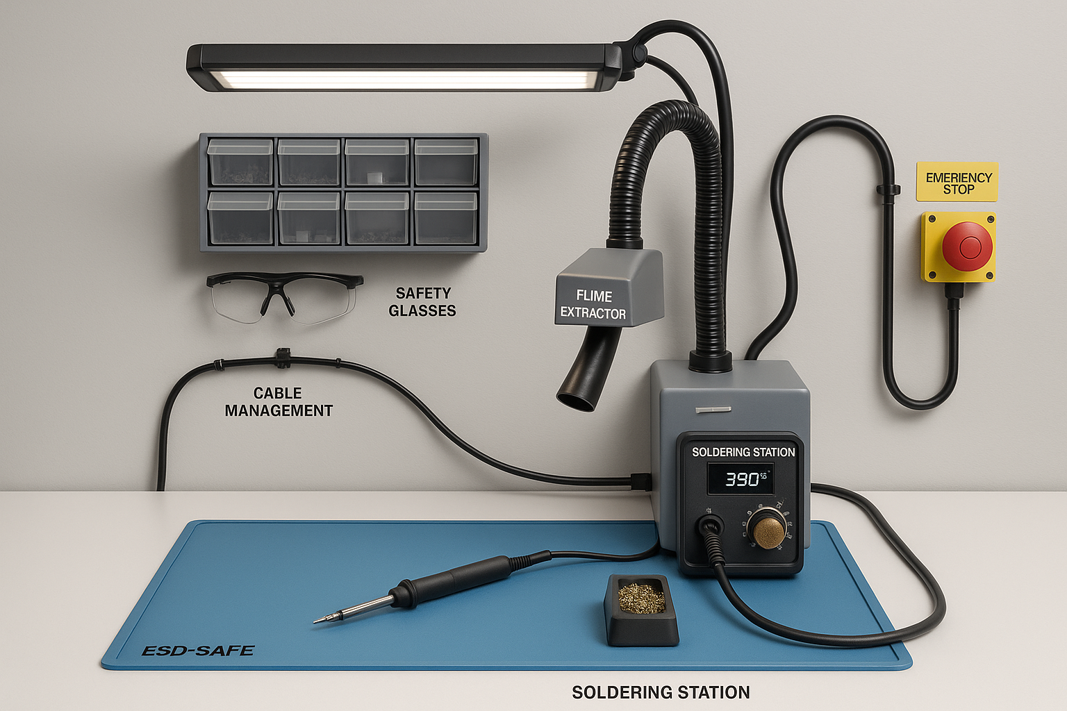 1024x1024 square format showing a detailed view of a single standardized workstation setup. Display the soldering station, ESD mat, task lig