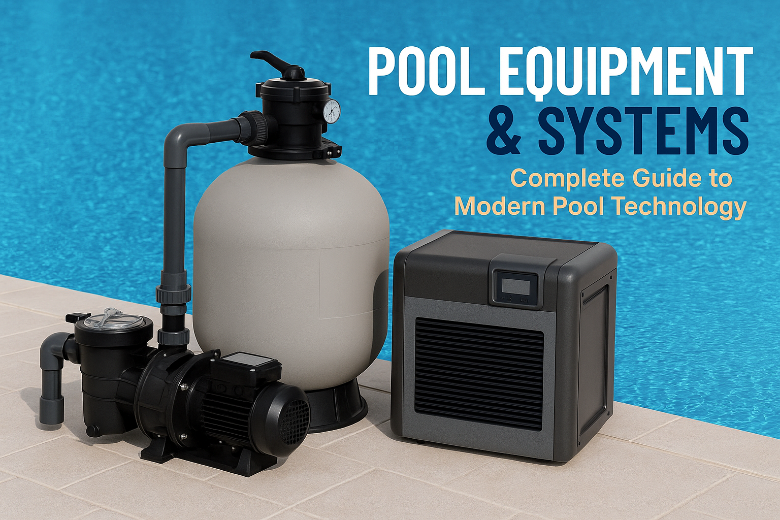 Create a landscape cover image (1536x1024) showing a modern pool equipment setup with visible pump, filter, and heater against a clean pool
