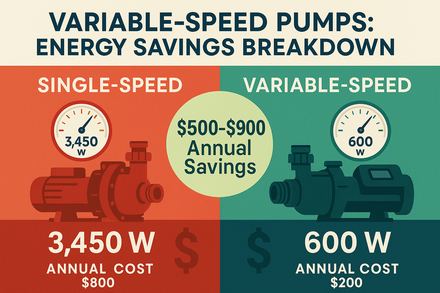 Create a landscape infographic (1536x1024) showing energy consumption and cost comparison between single-speed and variable-speed pool pumps