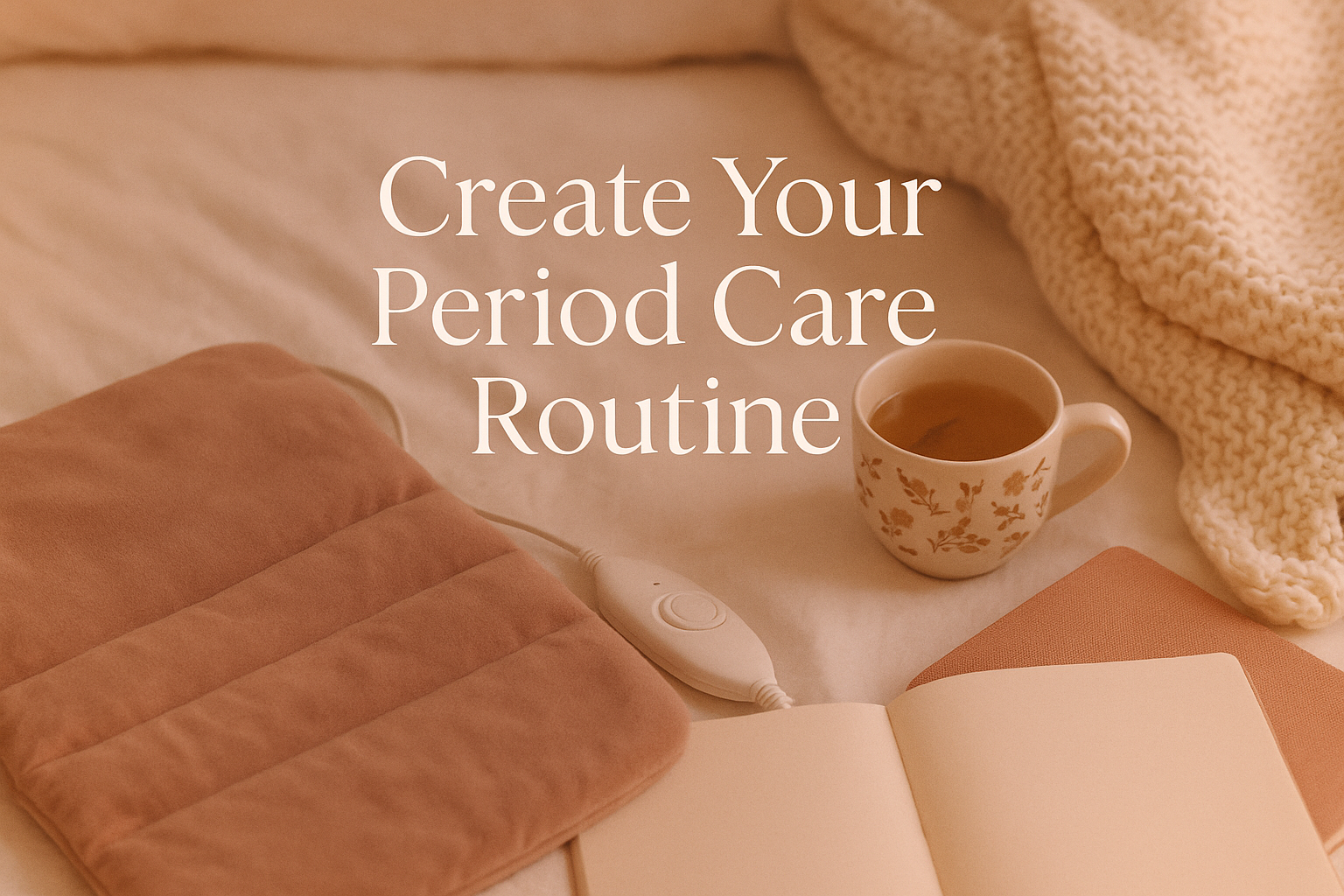 Square 1024x1024 image showing a cozy self-care setup. Soft-focus image of a heating pad, herbal tea in a pretty mug, journal, and comfortab