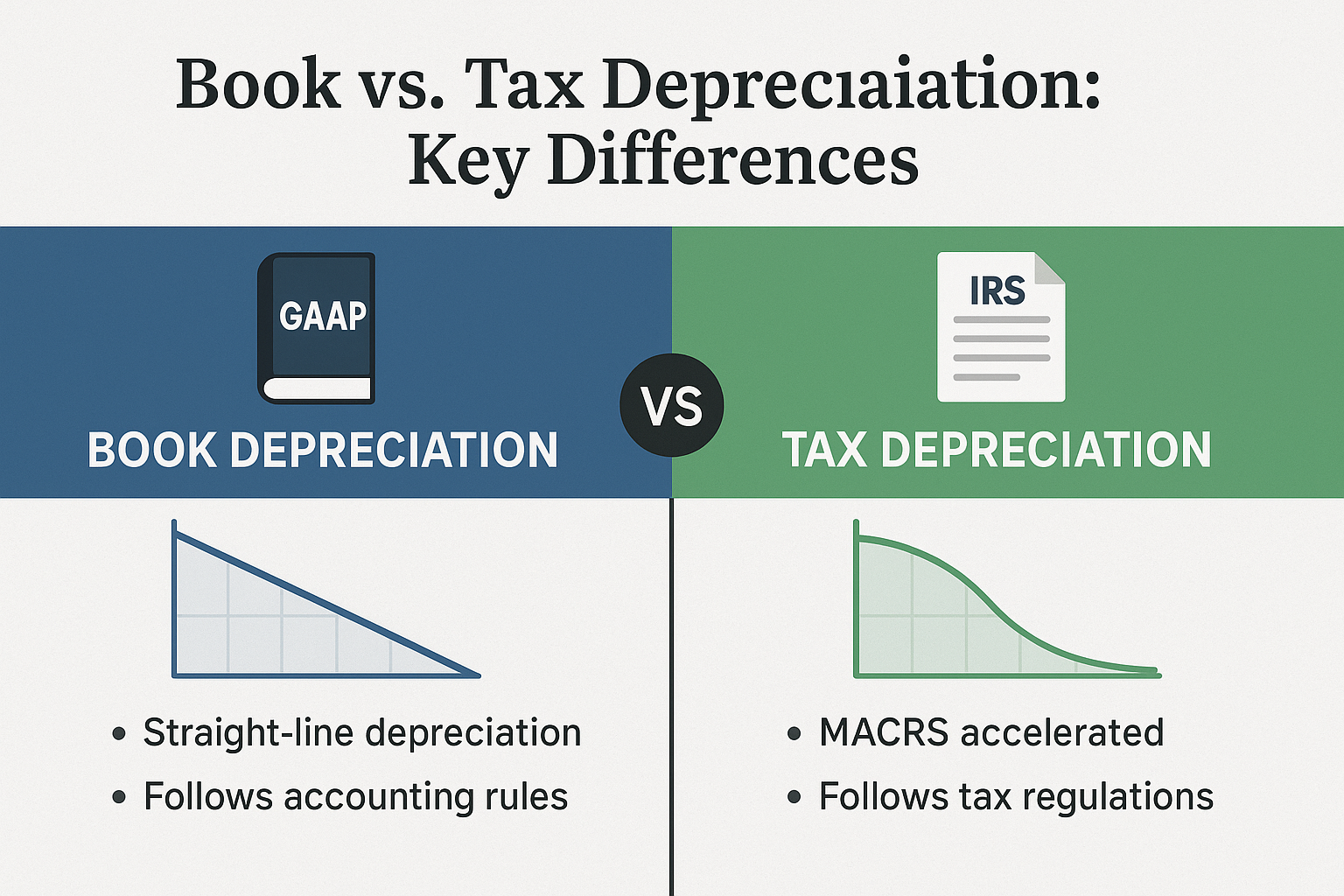 Split-screen comparison image in 1536x1024 landscape format. Left side shows "Book Depreciation" with GAAP book icon and straight-line depre