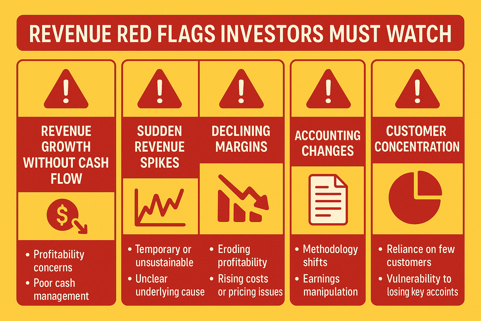 Create a visual chart (1536x1024 landscape) titled "Revenue Red Flags Investors Must Watch" showing five warning signs in separate boxes: 1)