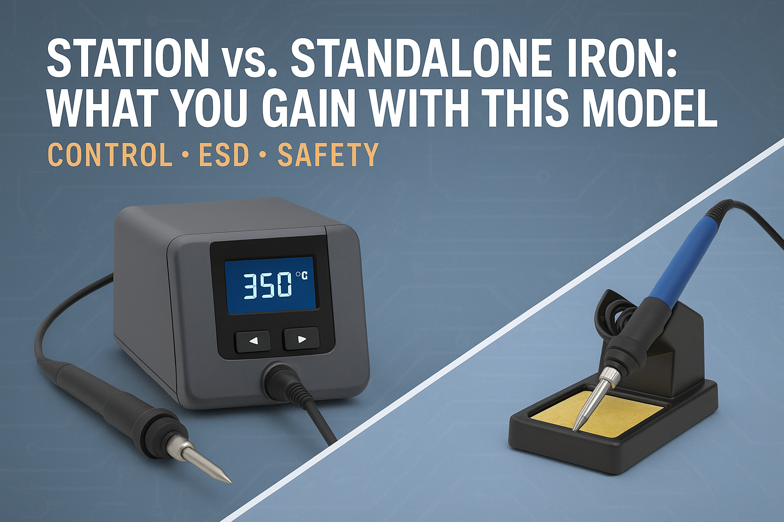 Create a 1536x1024 landscape cover image showing a split-screen comparison of a modern soldering station on the left and a basic standalone