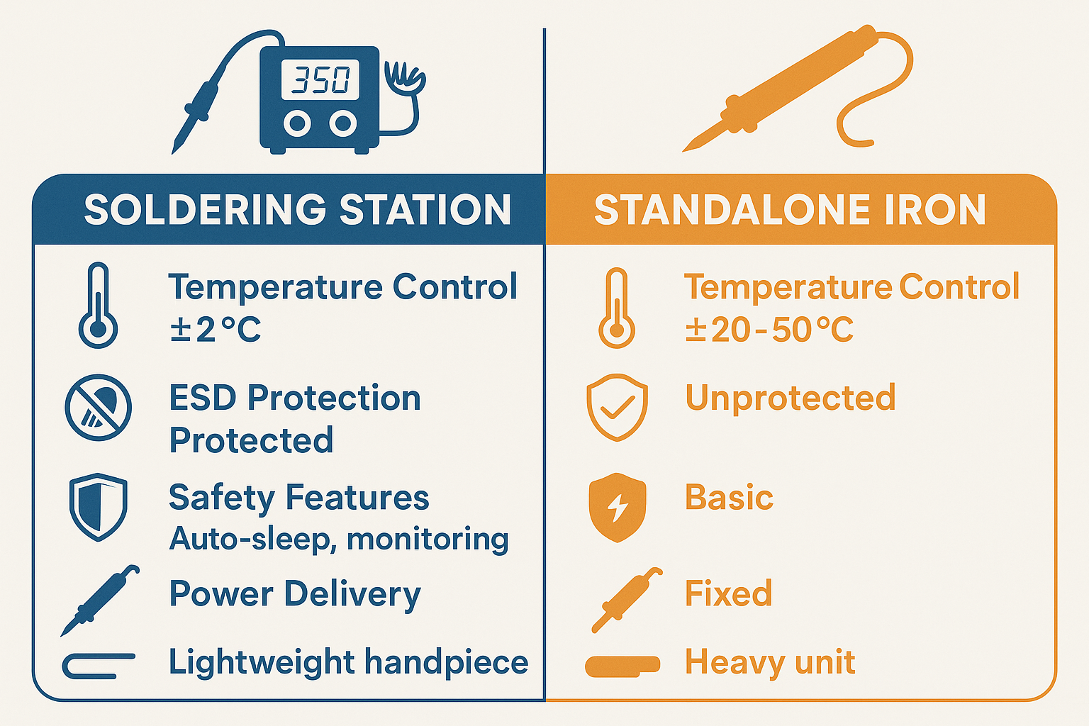 Create a 1536x1024 landscape infographic comparing key features between soldering stations and standalone irons. Use a clean, professional l