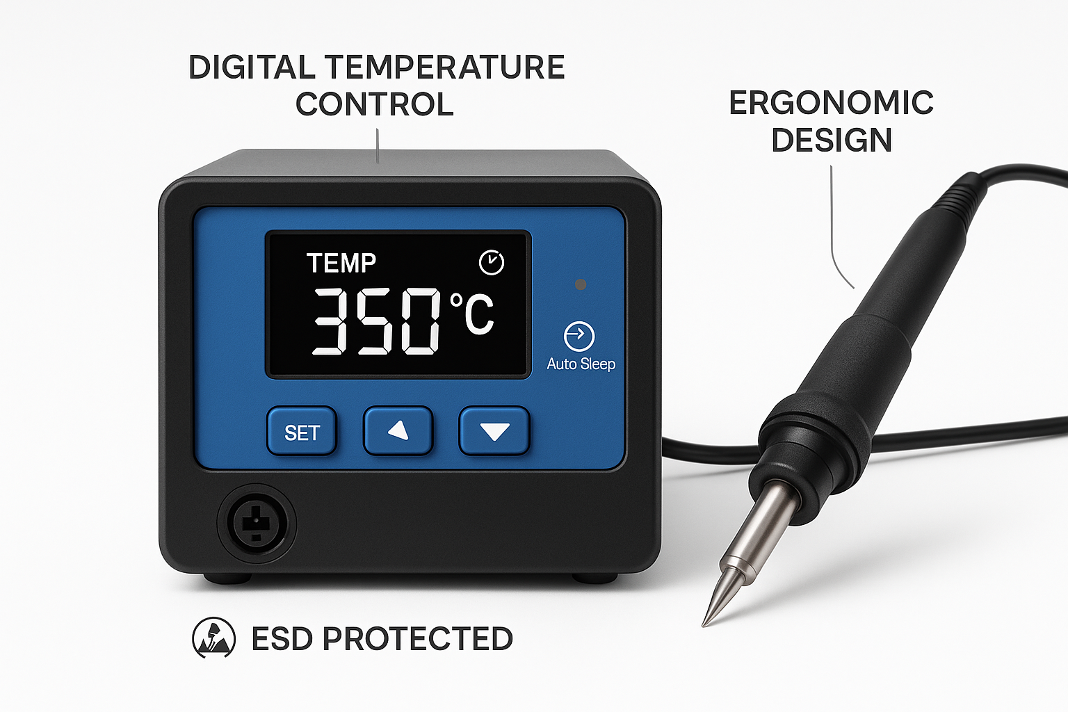 Create a 1024x1024 square image showing a detailed view of a modern soldering station's digital control interface and handpiece. Show the LC