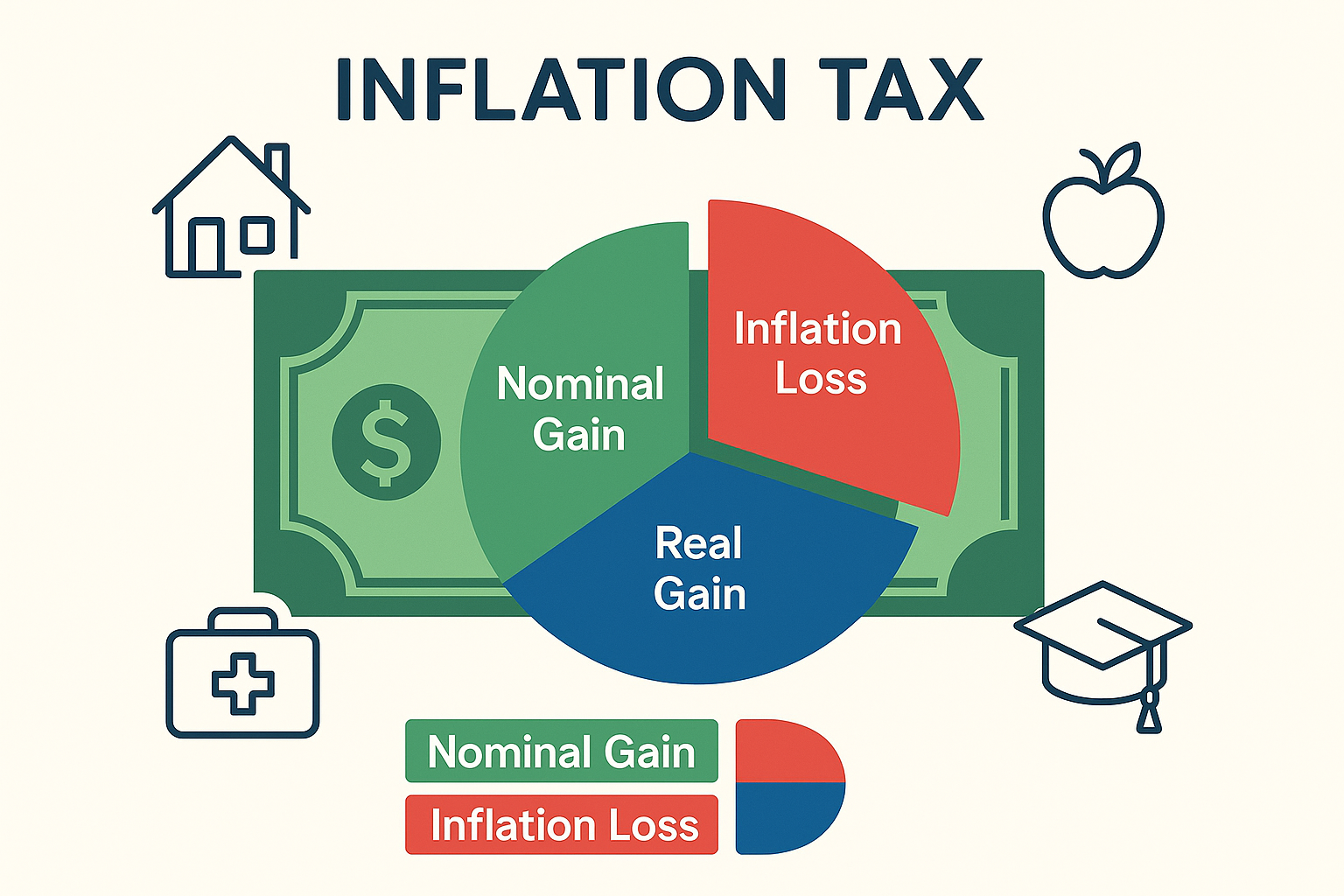 Visual illustration in 1024x1024 square format showing the "inflation tax" concept. Center: large dollar bill with a pie chart overlay showi