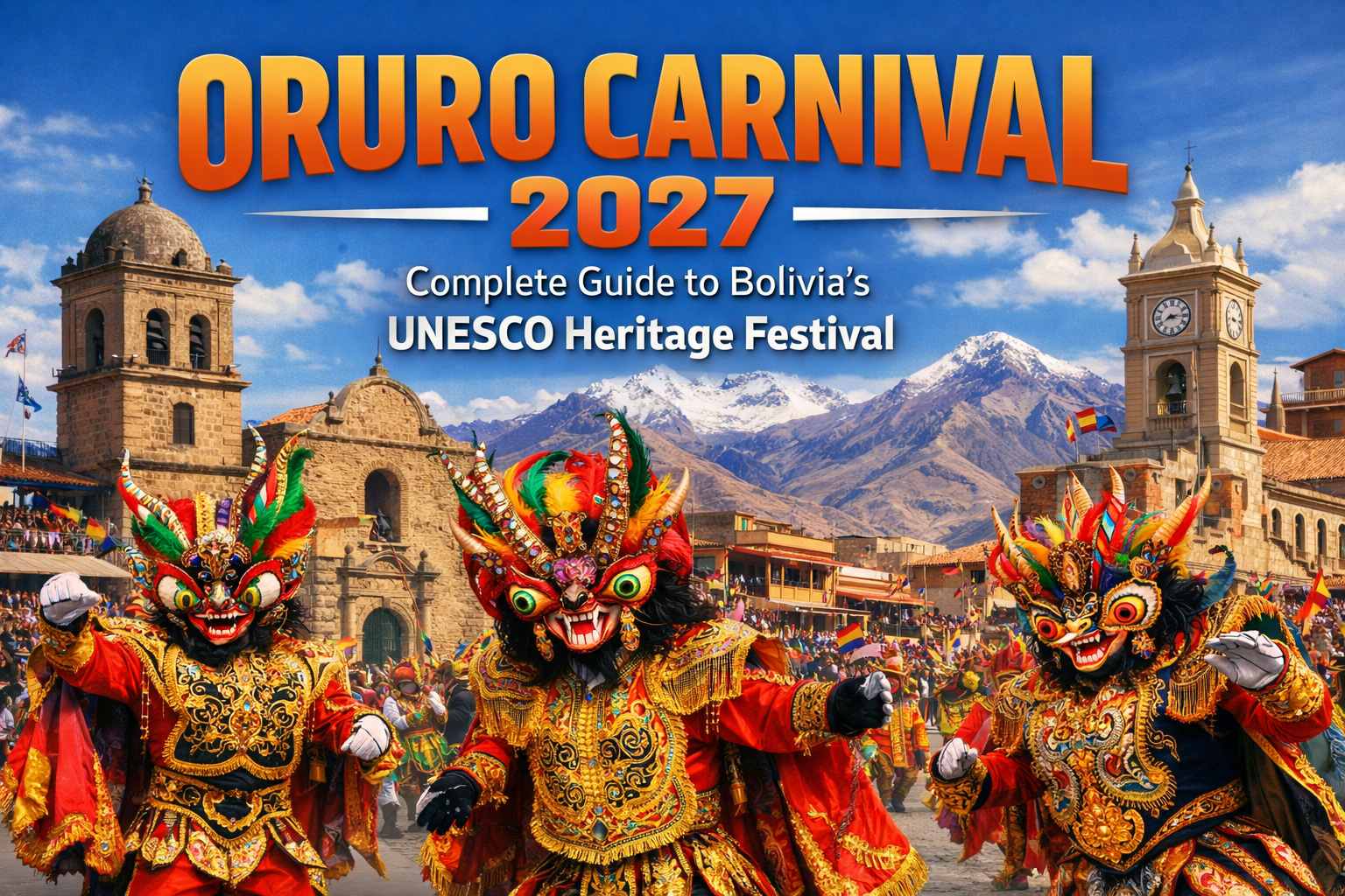 Cover image - Create a stunning 1536x1024 landscape cover image featuring colorful Diablada devil dancers in elaborate masks and costumes pe