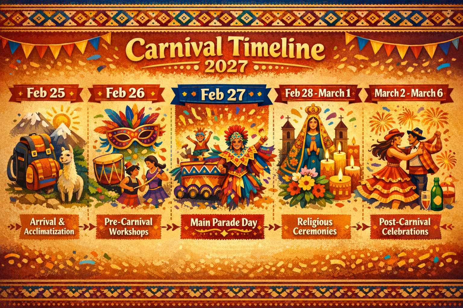 Create a 1536x1024 landscape infographic showing the carnival timeline from February 25-March 6, 2027. Display each day with colorful icons