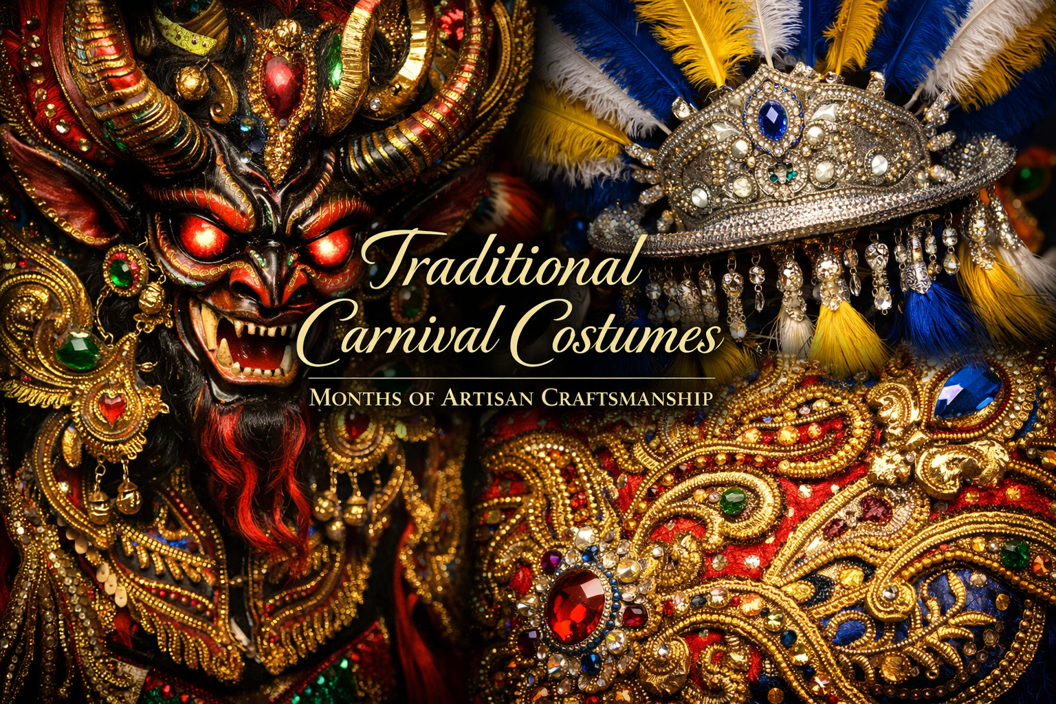 Create a 1024x1024 square image showcasing the intricate details of traditional carnival costumes. Feature close-up shots of elaborately dec
