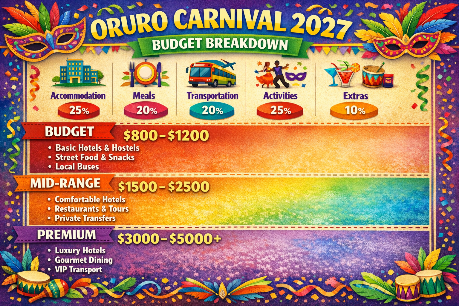 Create a 1536x1024 landscape image showing a budget breakdown infographic for Oruro Carnival 2027. Display cost categories (accommodation, m