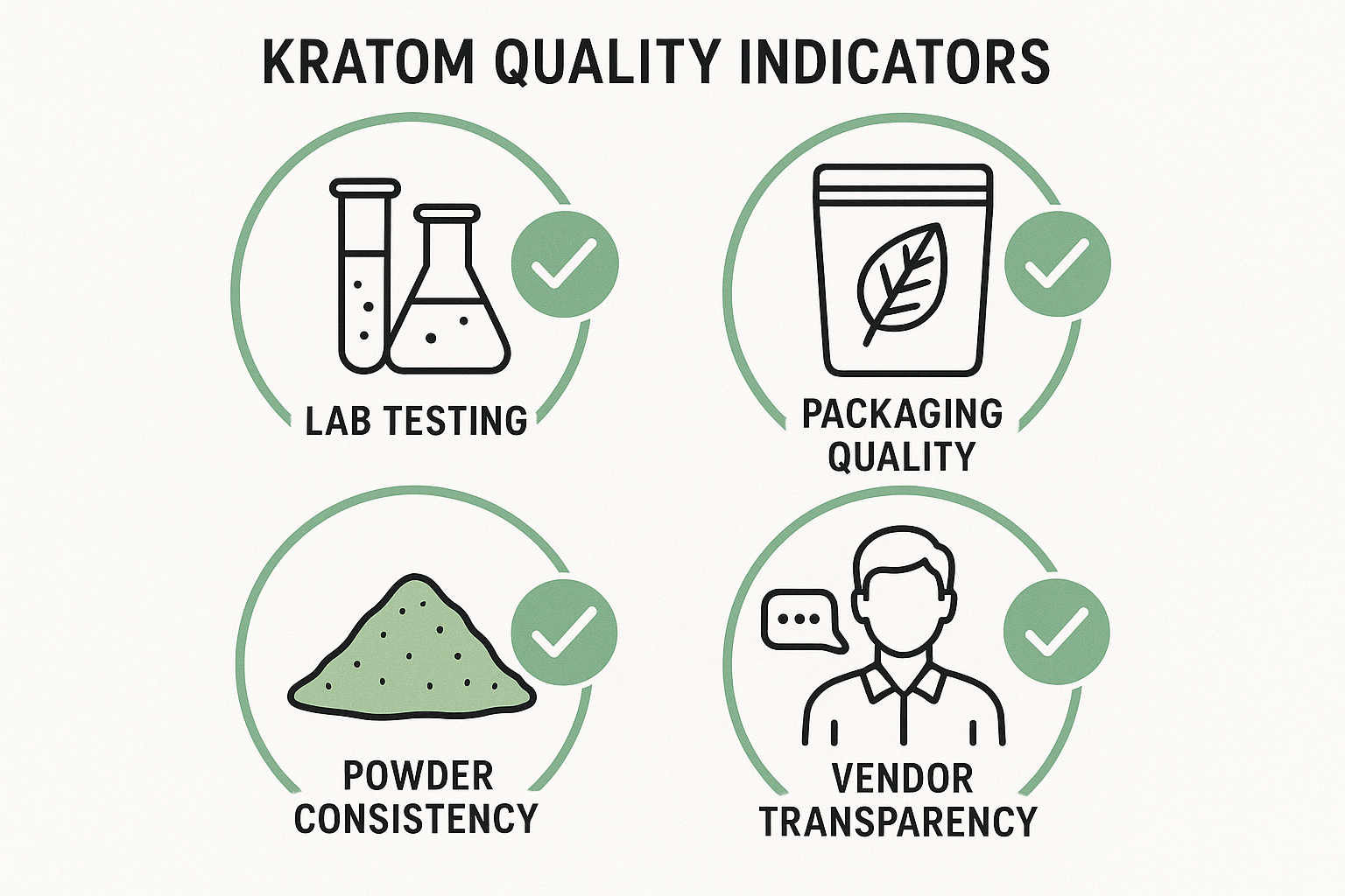 Create a 1024x1024 square image illustrating "Kratom Quality Indicators" with visual representations of lab testing, packaging quality, powd