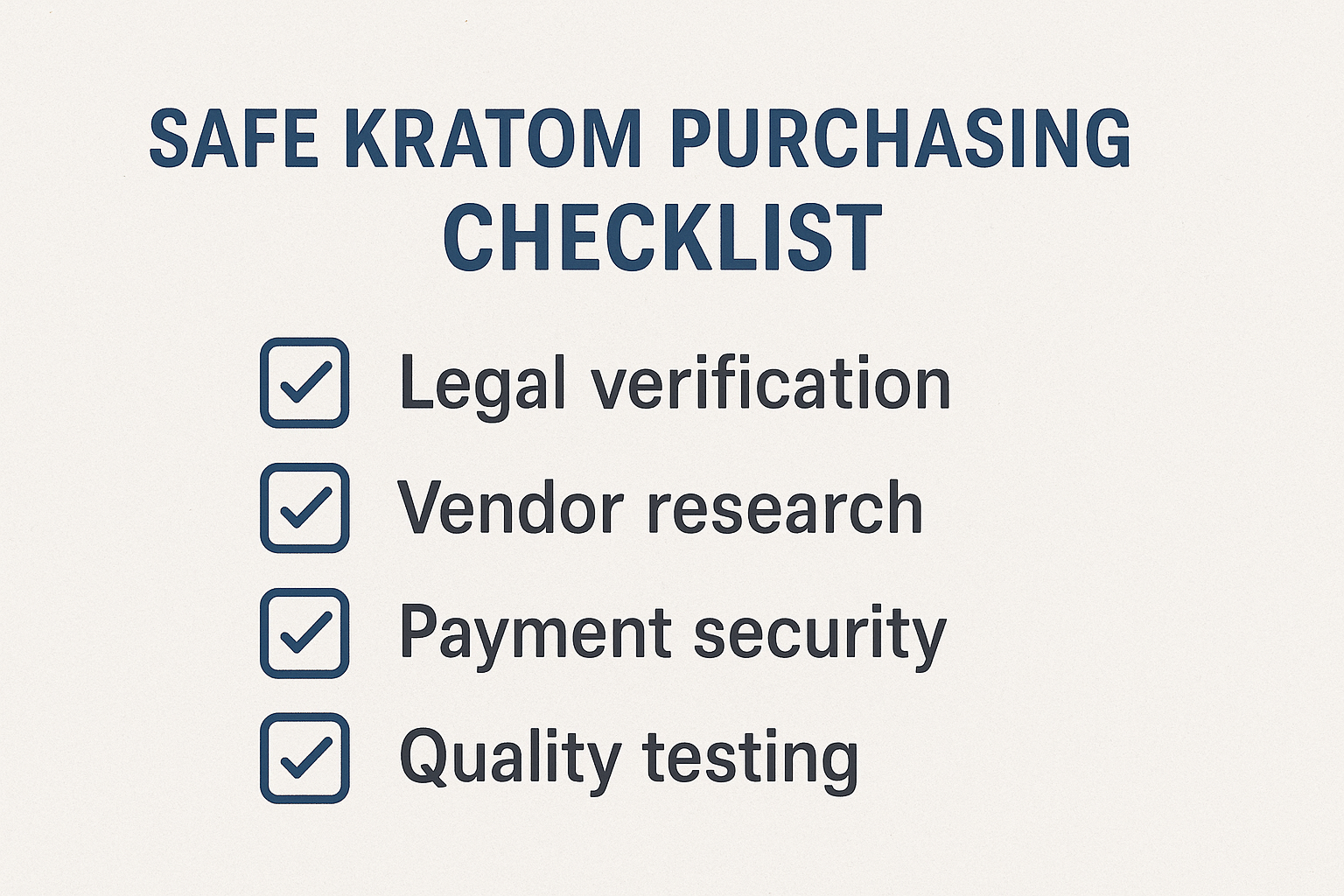 Design a 1536x1024 landscape image showing "Safe Kratom Purchasing Checklist" with checkboxes and bullet points covering legal verification,