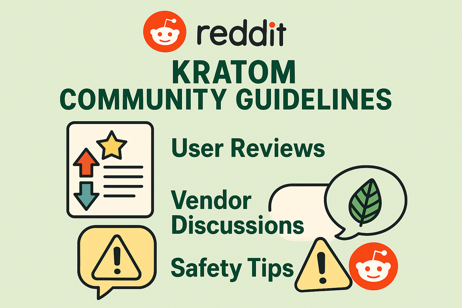 Create a 1024x1024 square image depicting "Reddit Kratom Community Guidelines" with visual elements representing user reviews, vendor discus