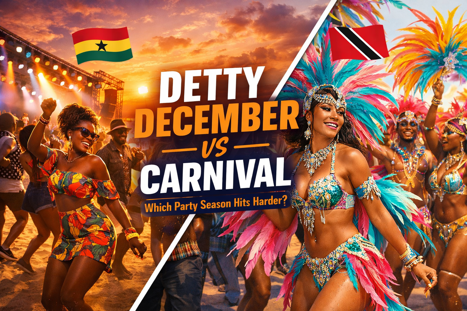 Create a vibrant 1536x1024 landscape cover image split diagonally showing two distinct party scenes. Left side: Detty December in Ghana with