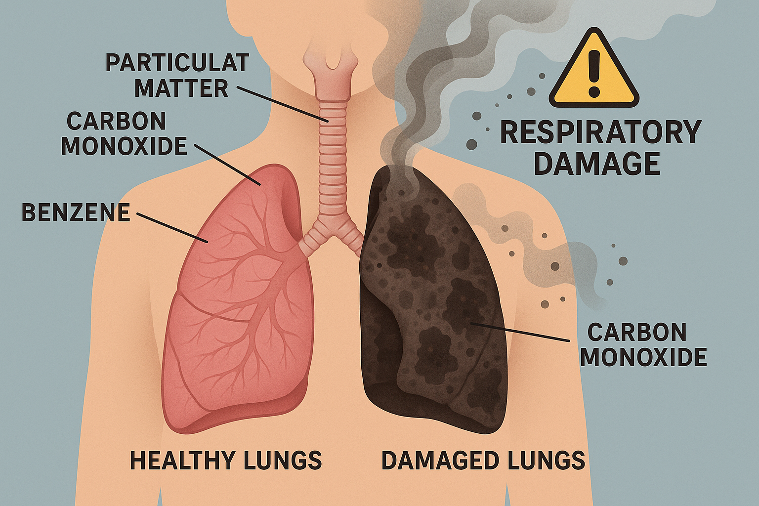 Create a 1536x1024 landscape image illustrating respiratory health risks of smoking kratom. Show healthy lungs on the left versus damaged lu