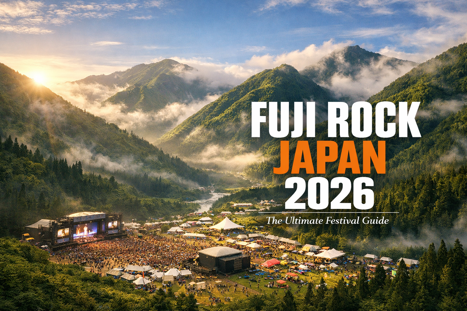 Cover image - Create a stunning landscape format cover image showing the iconic Naeba mountain landscape with festival stages in the valley,