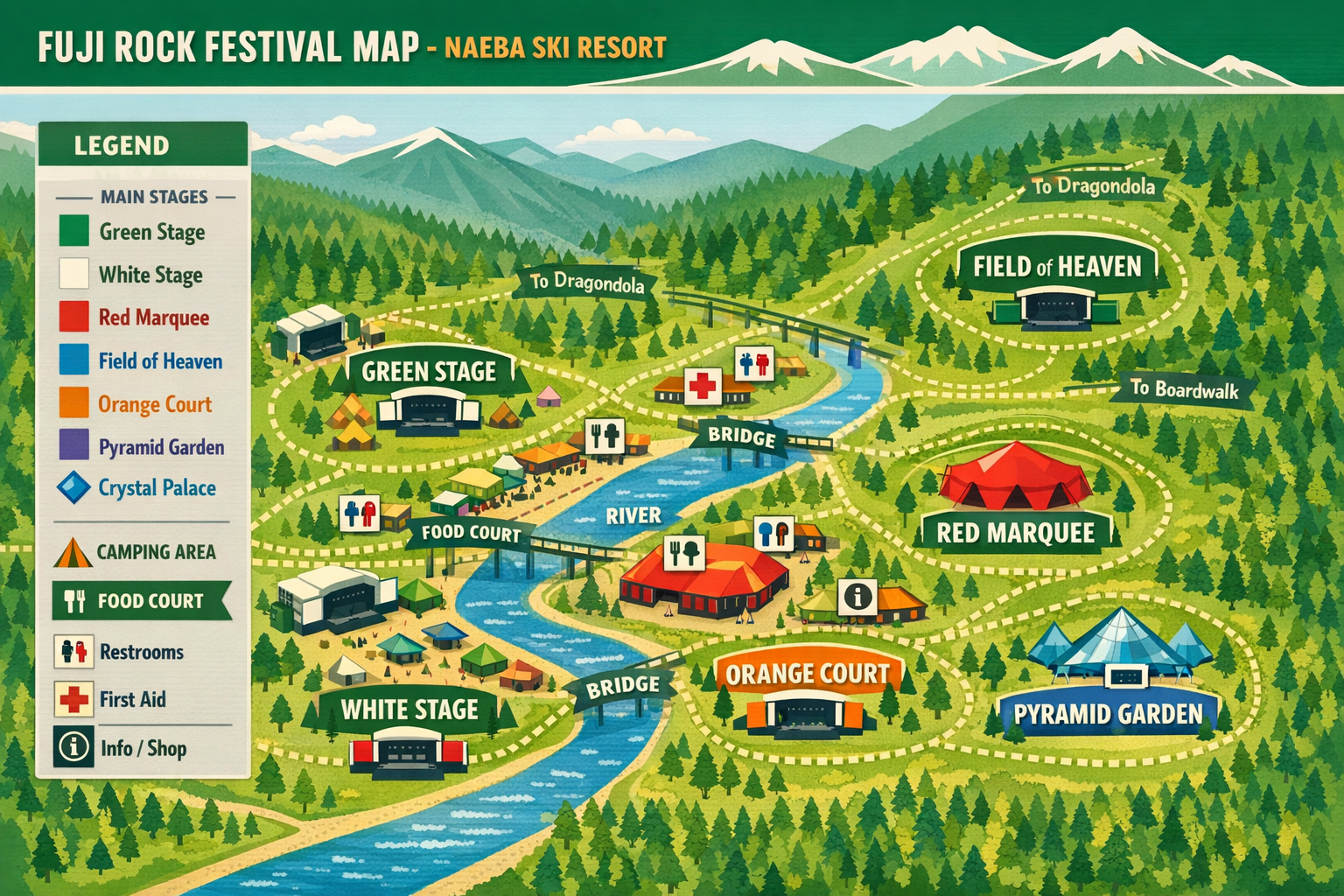 Create a detailed infographic in landscape format showing a festival map layout of Naeba Ski Resort with the seven main stages (Green Stage,