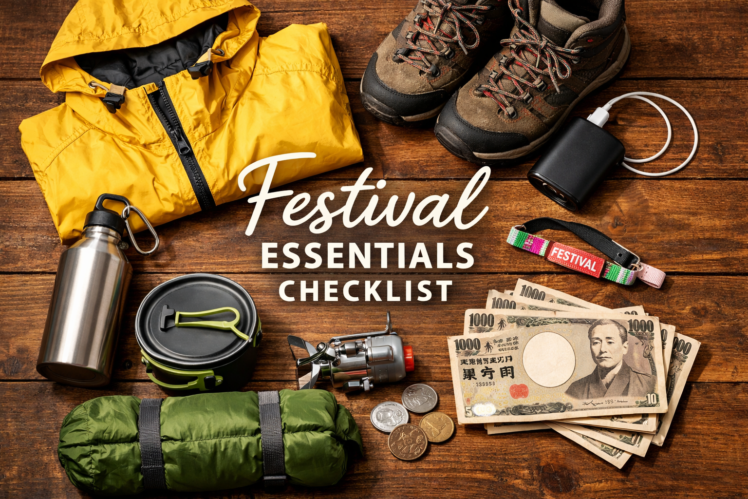 Create a square format image showing essential festival gear laid out aesthetically: waterproof rain jacket, hiking boots, portable charger,