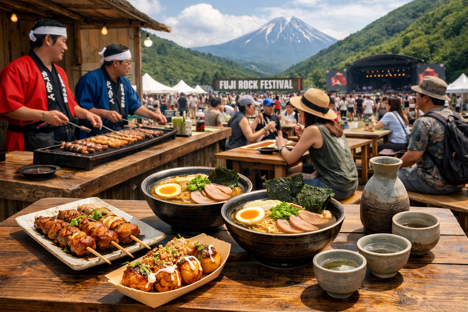 Create a landscape format image showcasing traditional Japanese festival food at Fuji Rock: yakitori skewers, ramen bowls, takoyaki, and sak