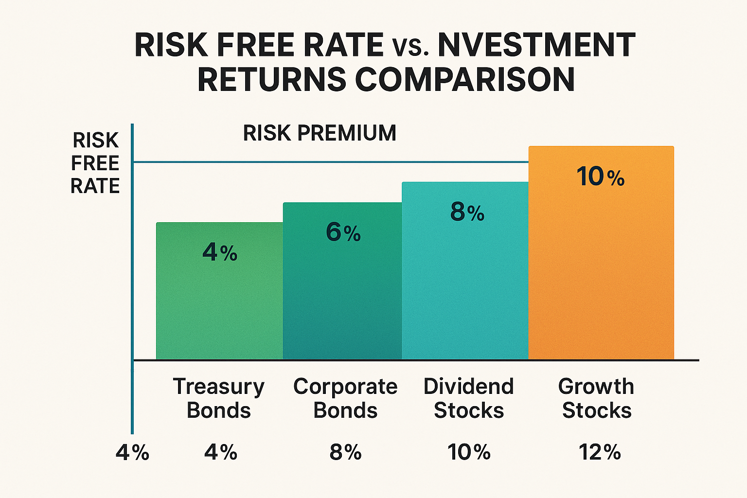 Create a landscape infographic (1536x1024) showing "Risk Free Rate vs. Investment Returns Comparison". Display a horizontal bar chart compar