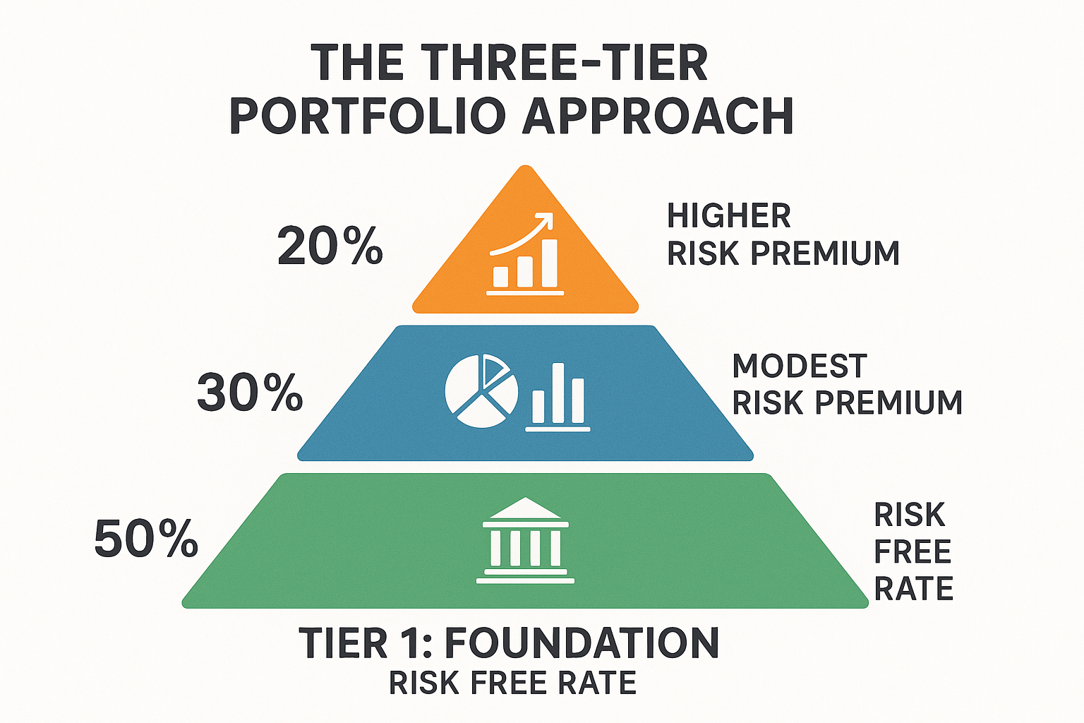 Create a square illustration (1024x1024) depicting "The Three-Tier Portfolio Approach". Show three stacked layers like a pyramid: bottom lay