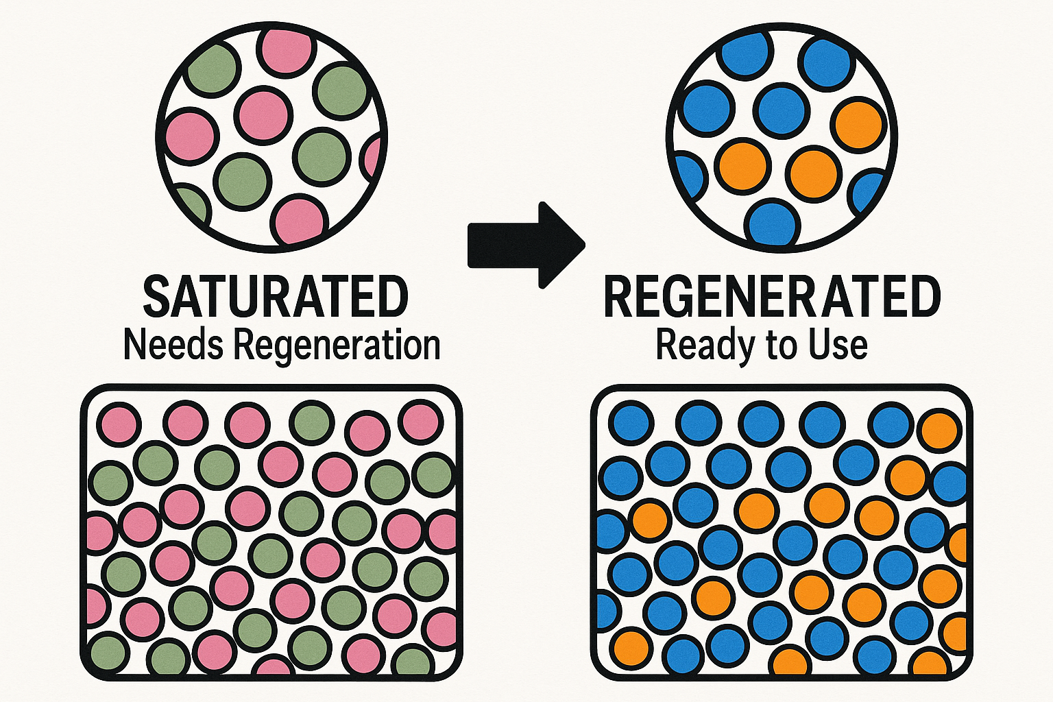Square illustration (1024x1024) showing a before-and-after comparison of indicating silica gel beads. Left side shows saturated pink/green b