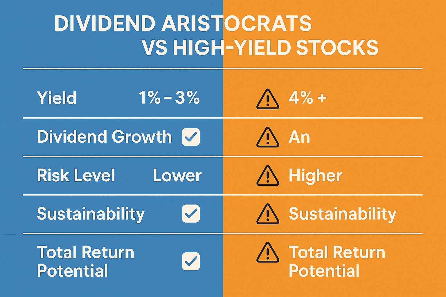 Create a comparison table visualization (1536x1024 landscape) showing "Dividend Aristocrats vs High-Yield Stocks". Split the image into two