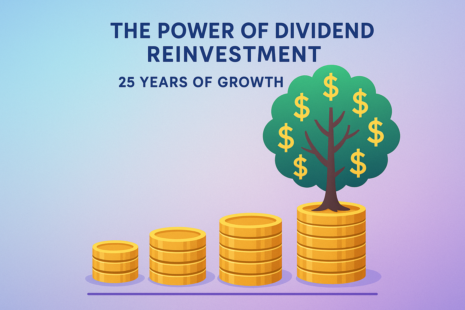 Create an illustrative image (1024x1024 square) showing the power of dividend compounding over time. Design a visual representation of a gro
