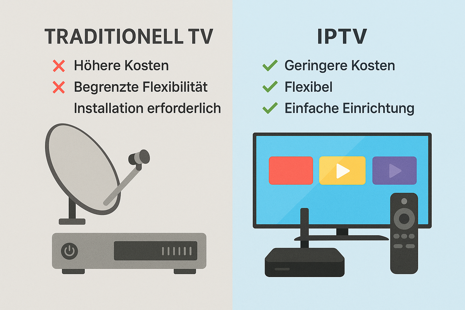 Create a 1024x1024 square comparison image showing Traditional TV vs IPTV. Split the image vertically down the middle with a subtle divider.