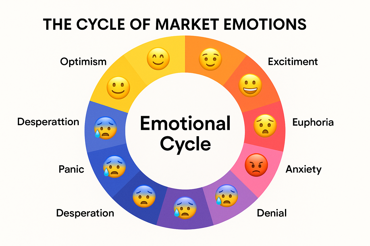 1536x1024 landscape infographic A circular diagram showing "The Cycle of Market Emotions" with 10 segments arranged clockwise: Optimism (yel