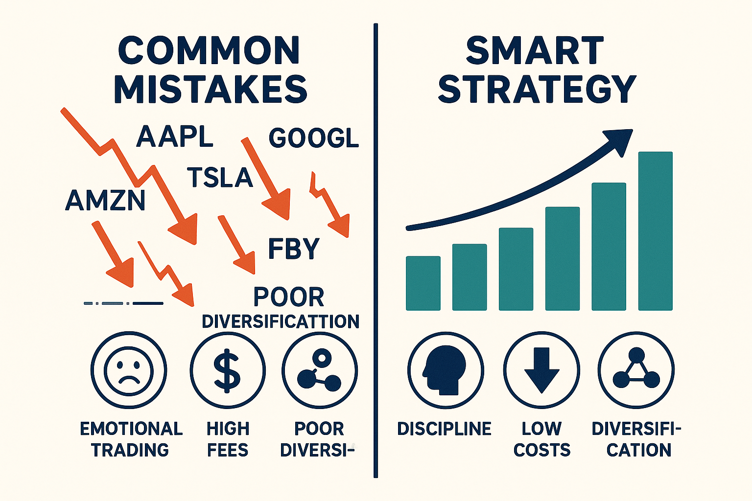 1024x1024 square format A clean comparison illustration showing two investment paths side by side. Left path shows scattered, chaotic stock why do people lose money in the stock market