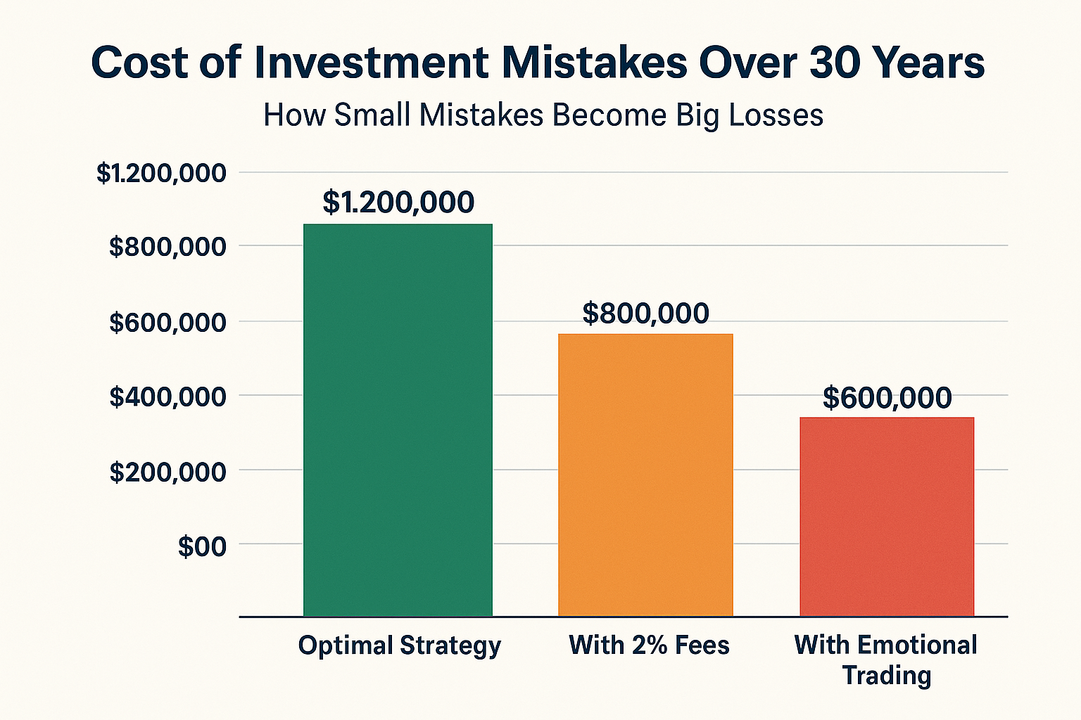 1536x1024 landscape chart A professional bar chart comparing "Cost of Investment Mistakes Over 30 Years" showing three bars: "Optimal Strate