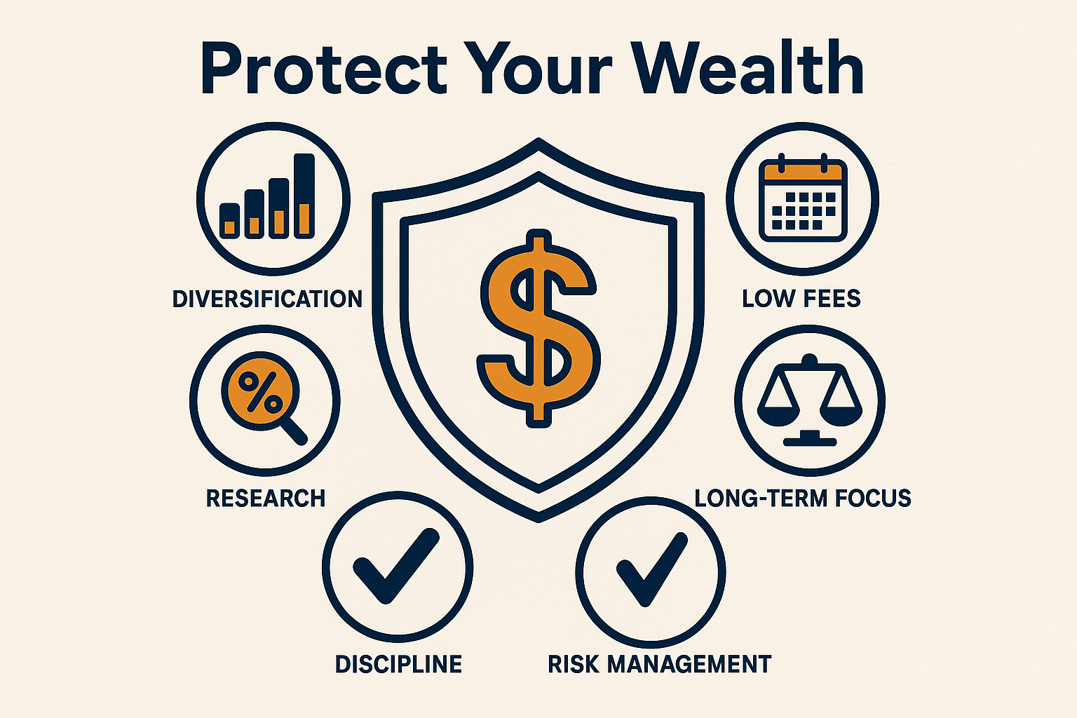 1024x1024 square format A modern, minimalist illustration of a shield with a dollar sign in the center, surrounded by six protective element