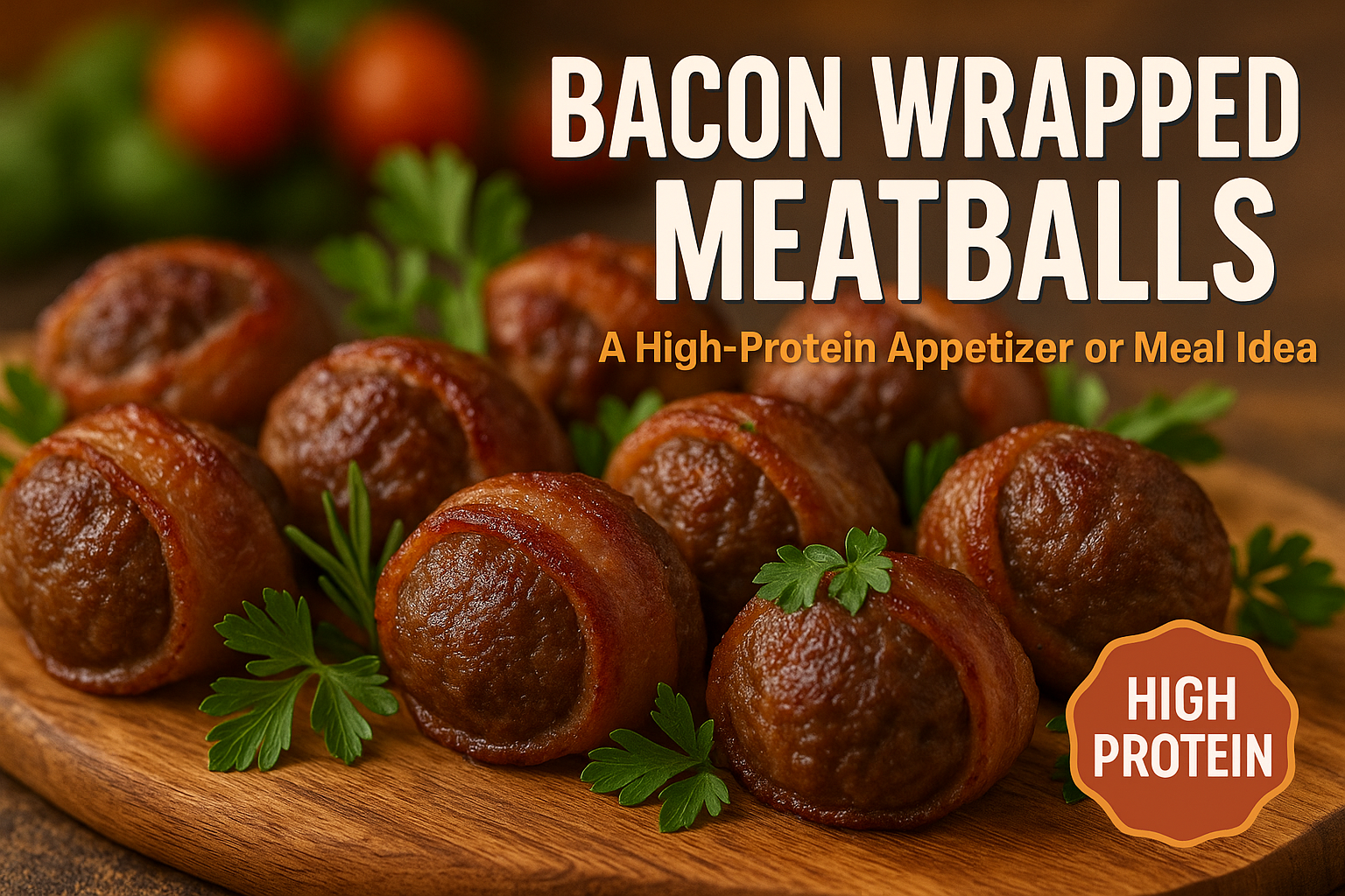Create a landscape 1536x1024 cover image featuring perfectly cooked, golden-brown bacon wrapped meatballs arranged on a rustic wooden board