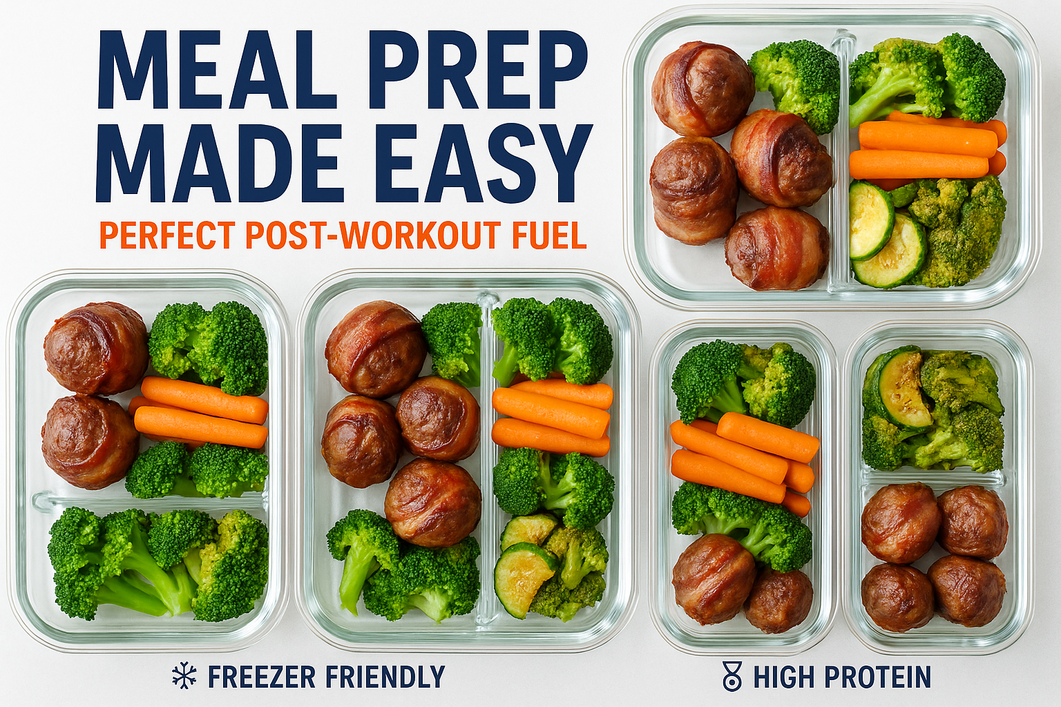 Create a 1536x1024 landscape image showing a meal prep setup with multiple glass containers filled with bacon wrapped meatballs and various