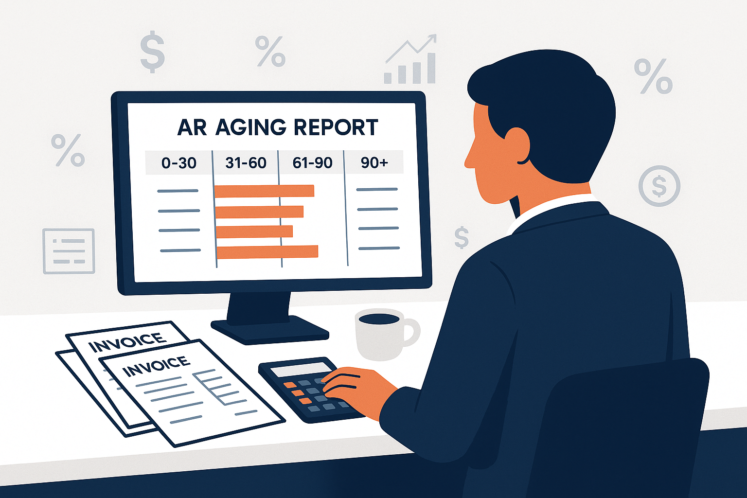 Illustration (1024x1024 square): Modern, minimalist illustration showing a business person at a desk with a computer screen displaying an AR