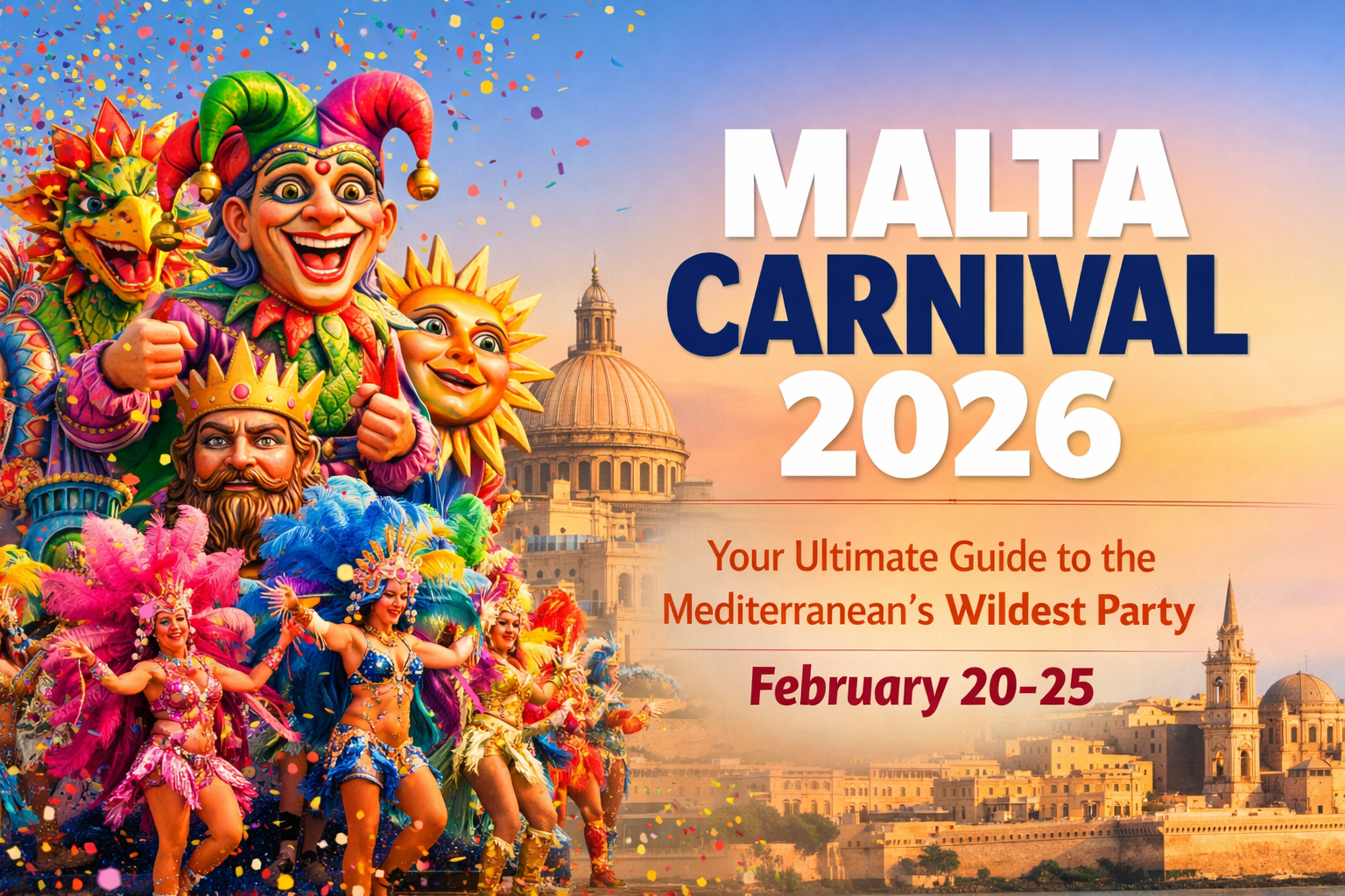 Cover image in 1536x1024 landscape format featuring a vibrant Malta carnival scene with colorful elaborate floats, dancers in feathered cost