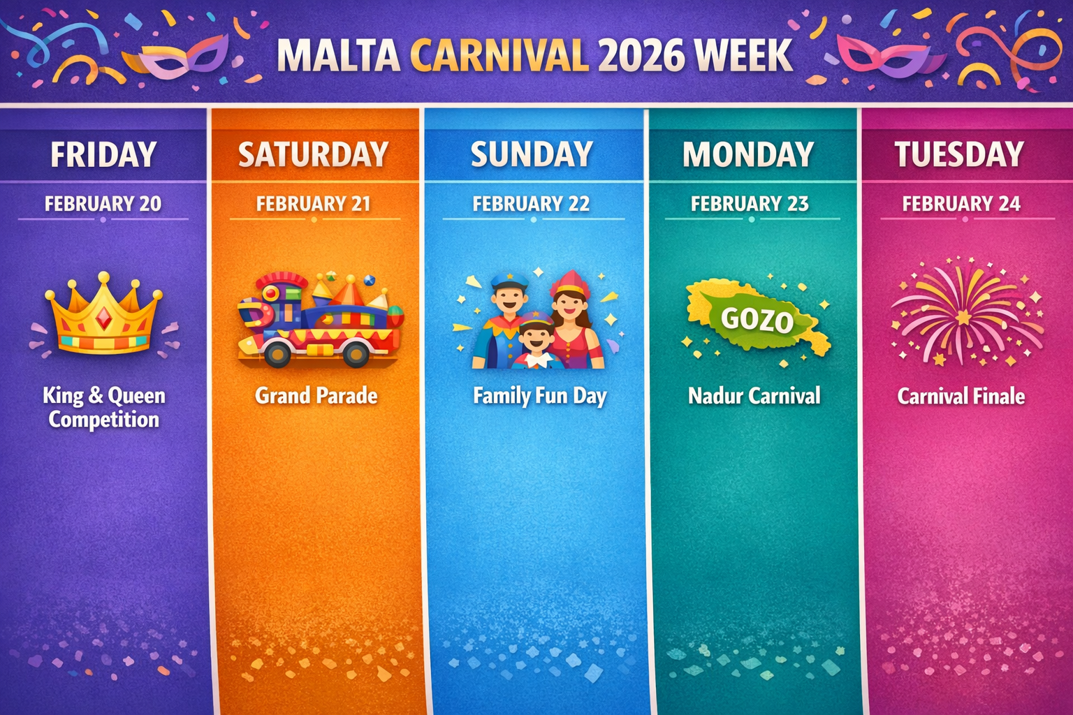 Landscape infographic 1536x1024 showing a visual timeline of Malta Carnival 2026 week. Five colorful sections representing each day (Friday 