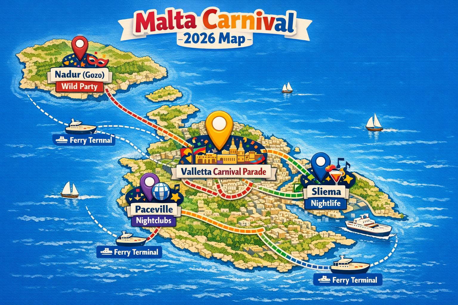Landscape 1536x1024 image showing a detailed illustrated map of Malta highlighting key carnival locations. Valletta marked prominently in th
