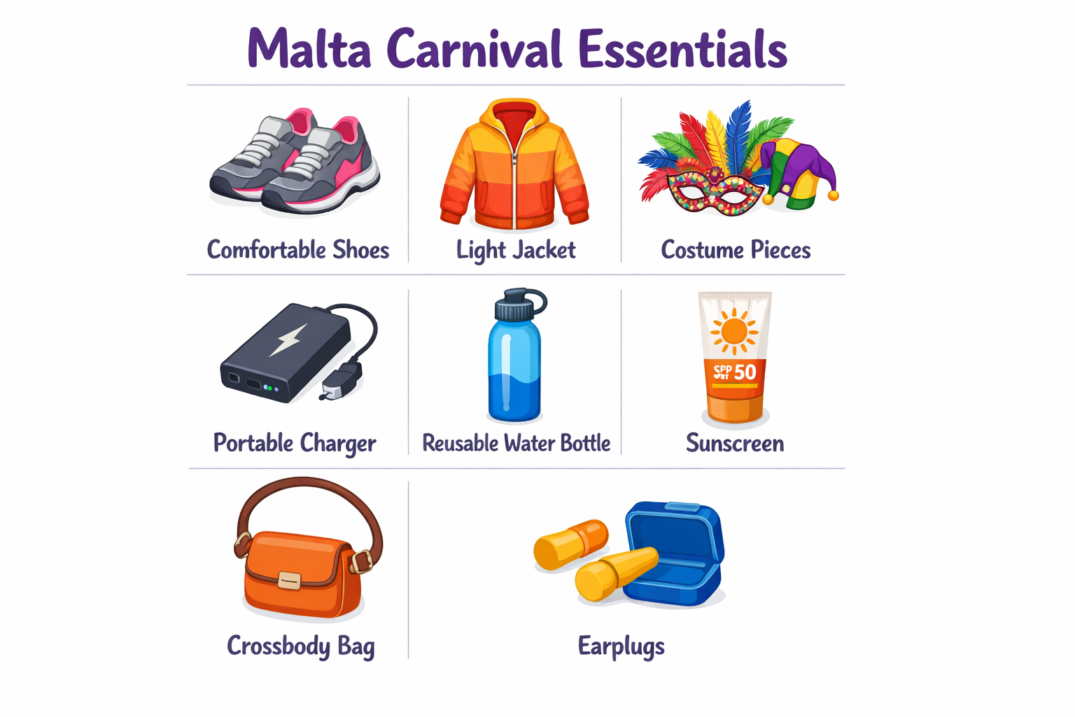 Square 1024x1024 visual packing checklist for Malta Carnival 2026. Grid layout showing illustrated icons of essential items: comfortable sho