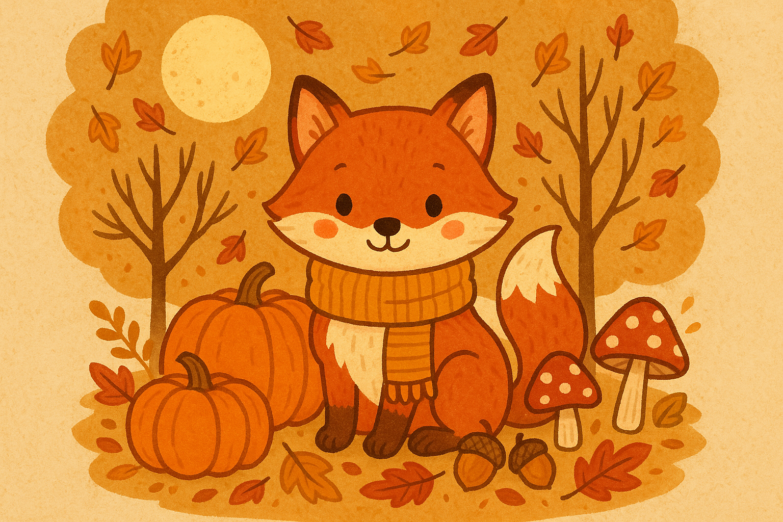 Square 1024x1024 illustration of a complete cozy October scene combining multiple doodle elements. Show a woodland creature (fox or hedgehog