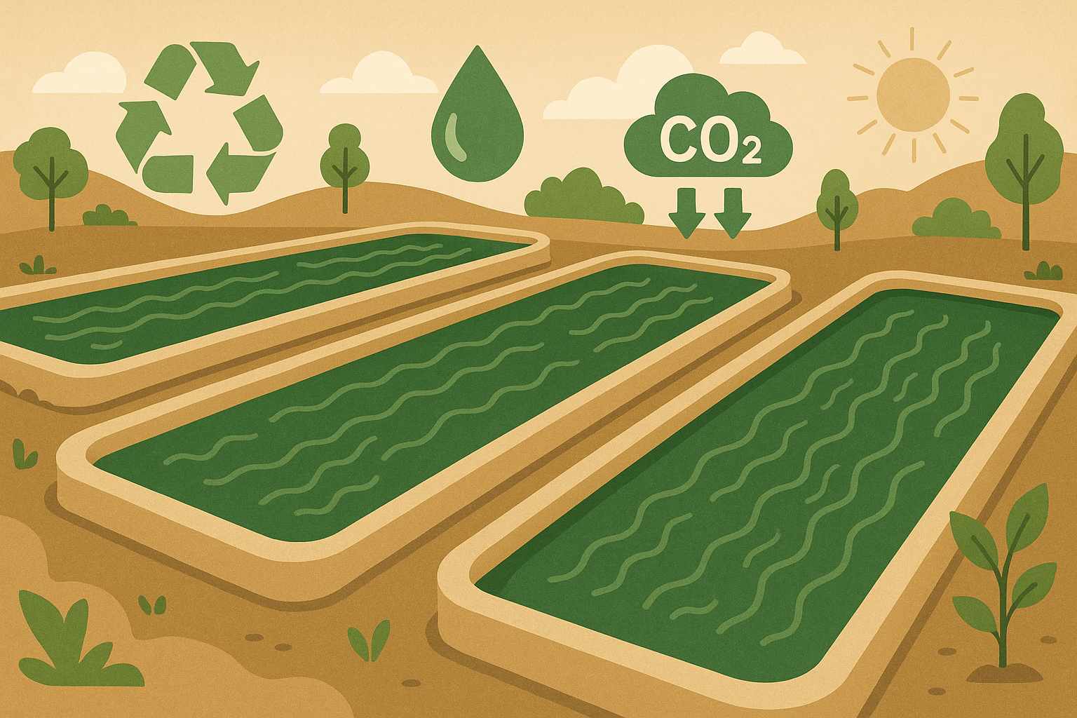 Sustainable spirulina farming illustration showing cultivation ponds with eco-friendly symbols like recycling arrows, water drops, and CO2 a