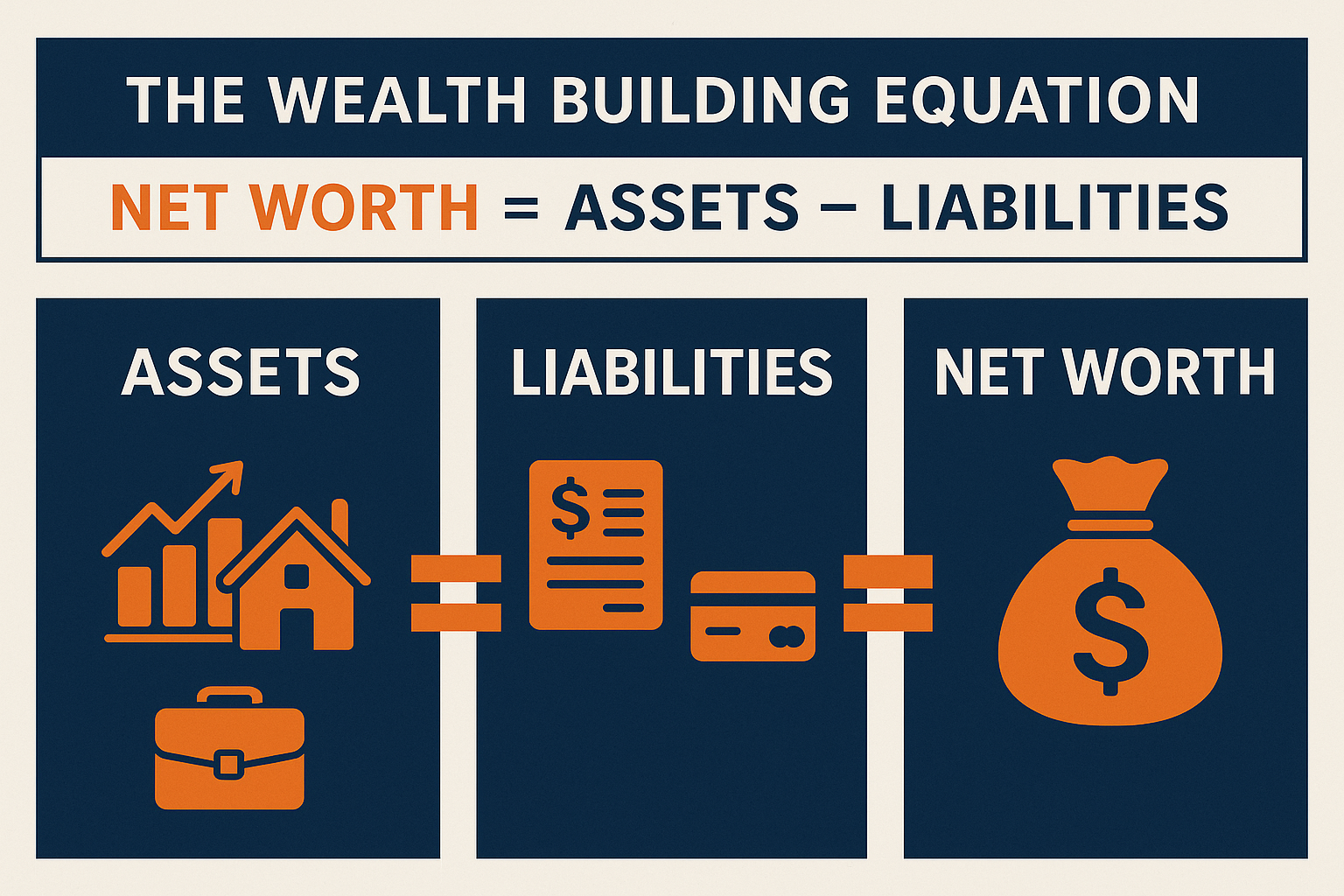 Infographic in 1536x1024 landscape format showing "The Wealth Building Equation" with three main components displayed as large illustrated b