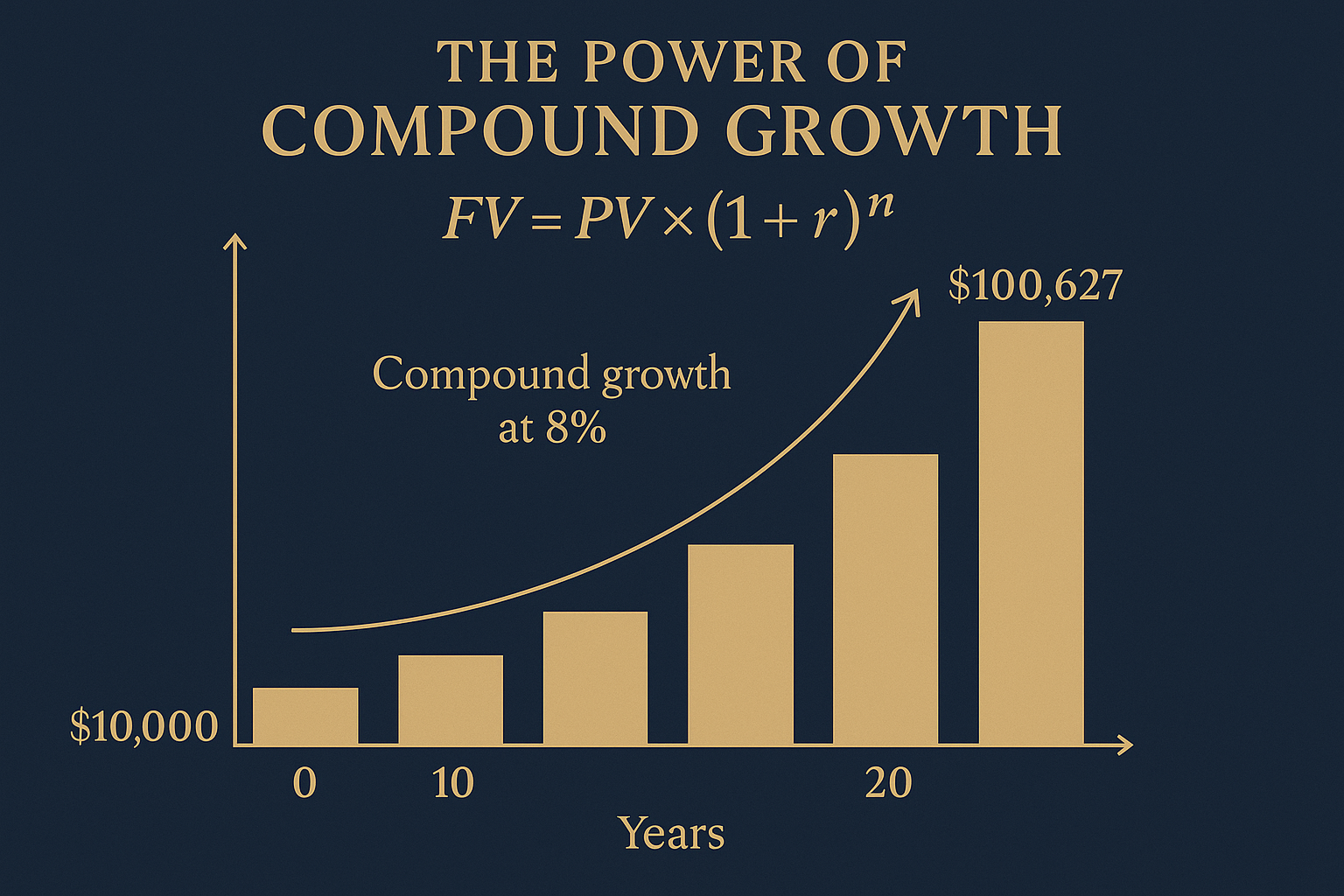 Square 1024x1024 infographic illustrating "The Power of Compound Growth" with a visual timeline showing money growth over 30 years. Display 