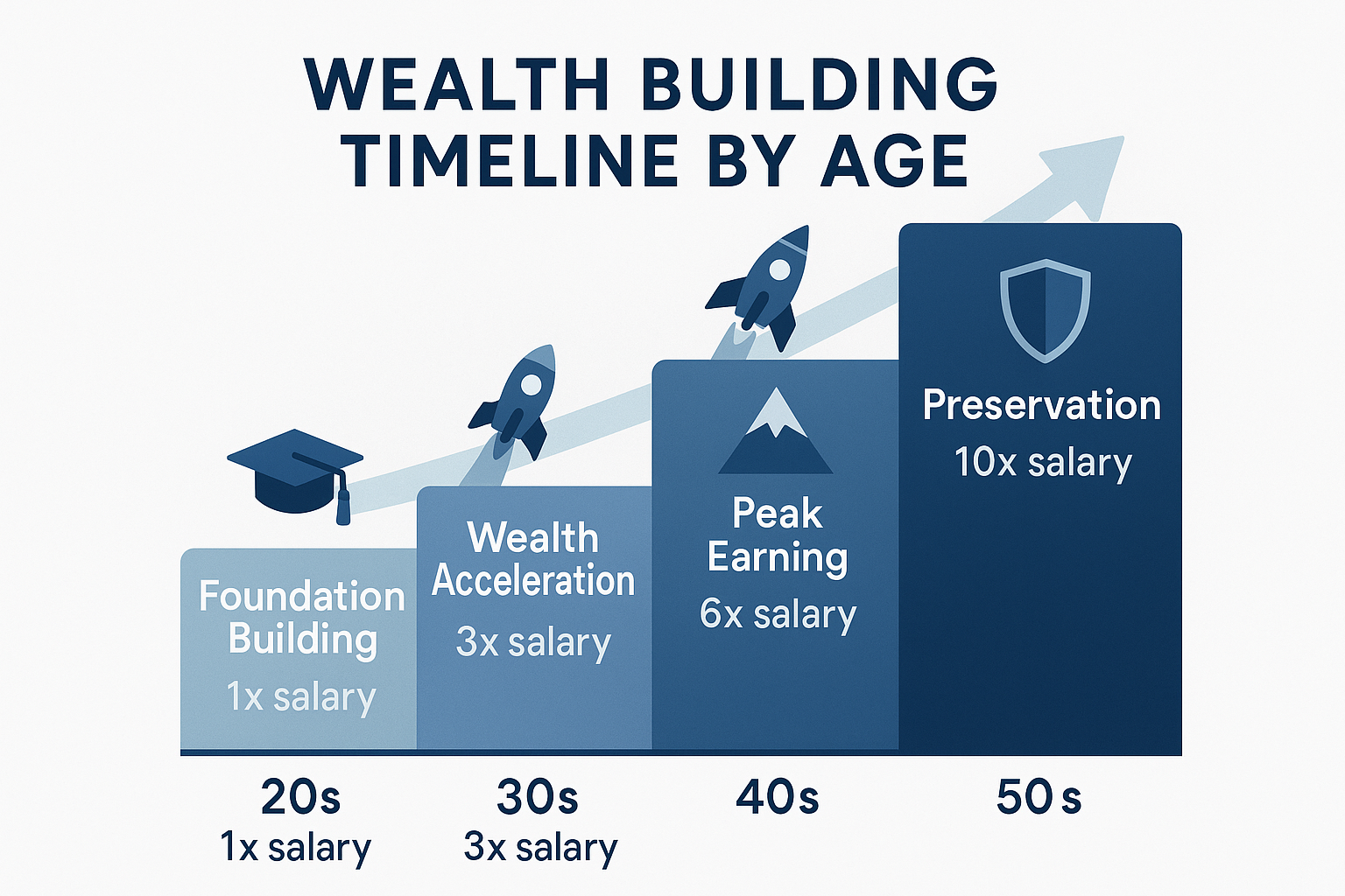 Square 1024x1024 illustration showing "Wealth Building Timeline by Age" with four life stages represented as ascending steps: 20s (Foundatio