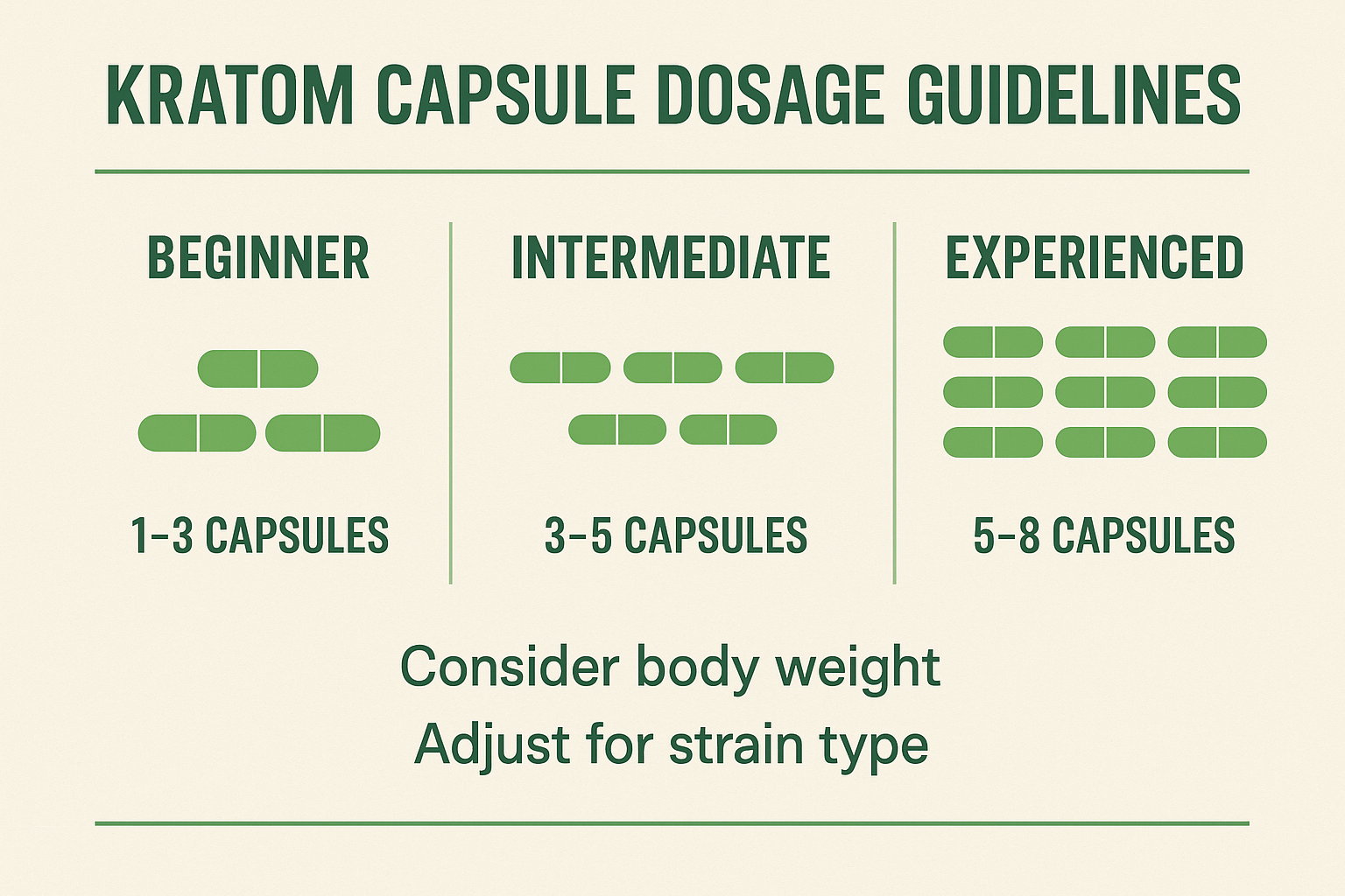 Create a 1536x1024 landscape infographic showing kratom capsule dosage guidelines by experience level. Display three columns for Beginner (1