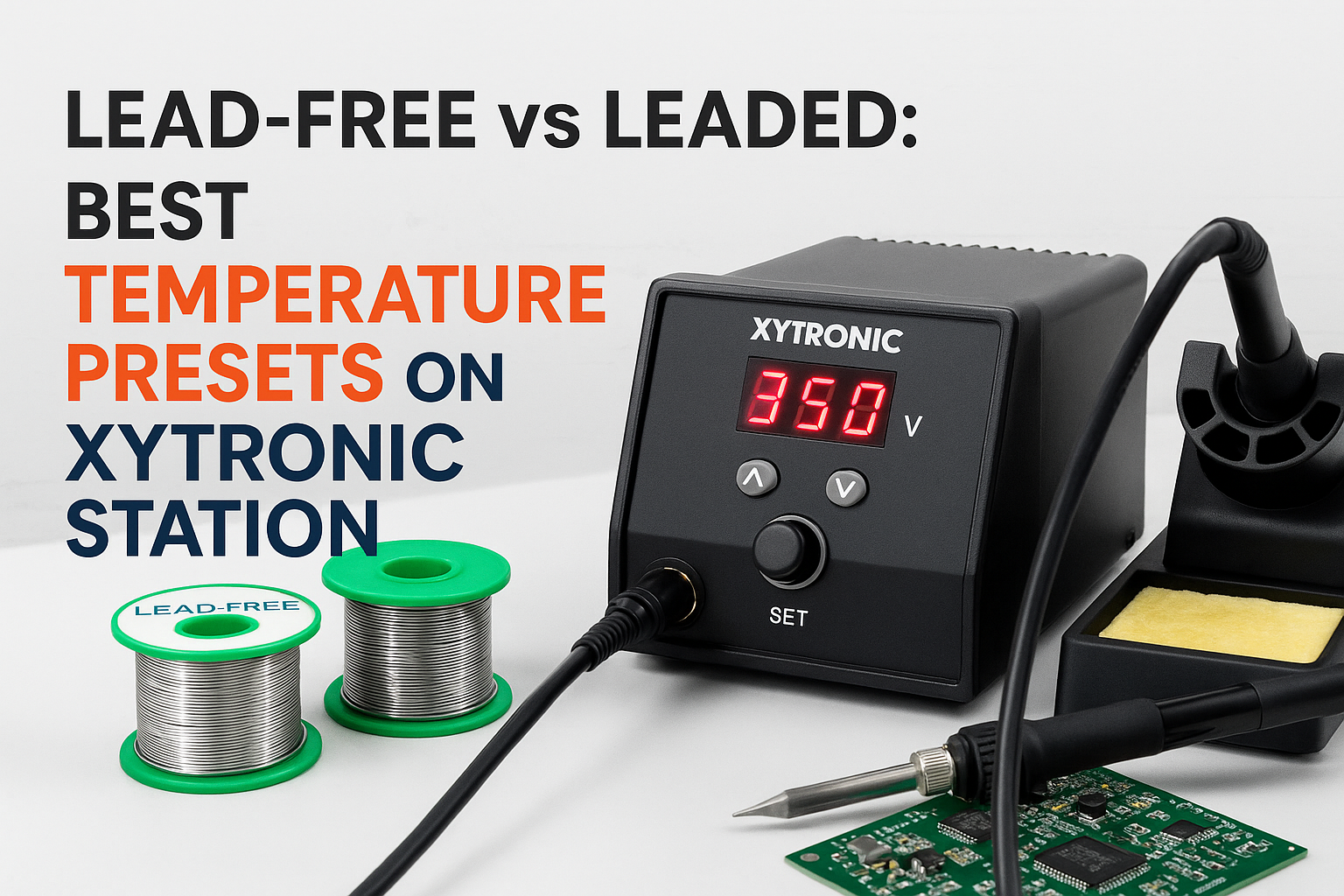 Create a professional cover image in 1536x1024 landscape format showing a modern XYTRONIC soldering station with digital temperature display