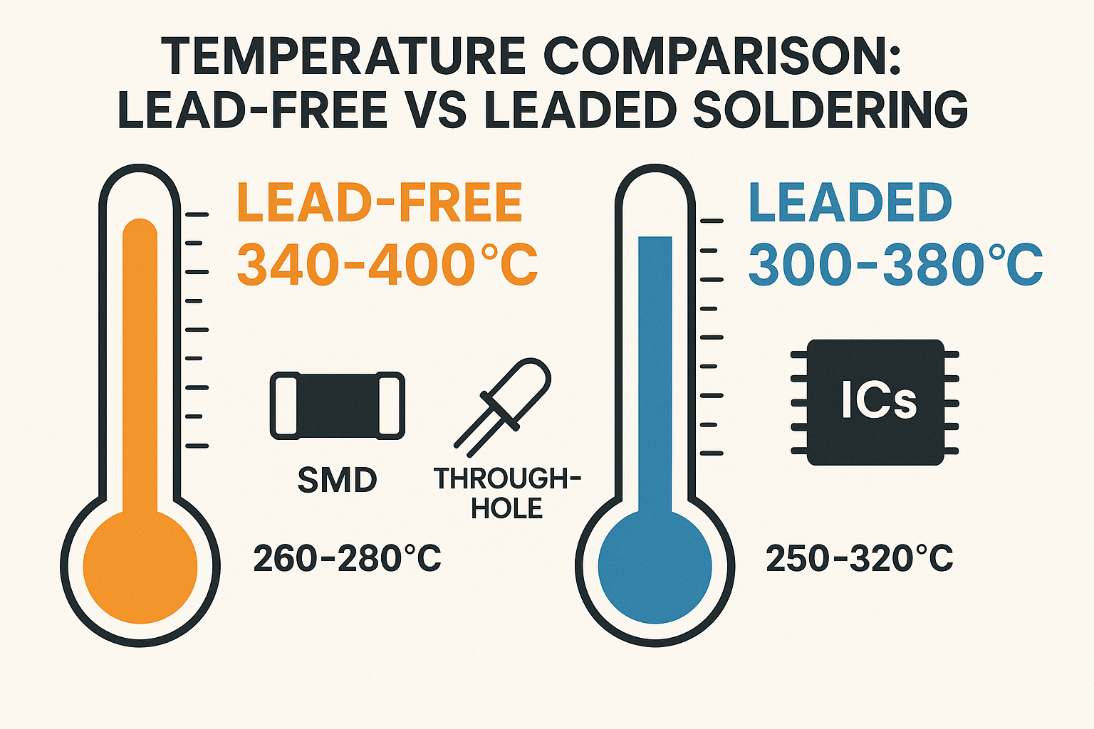 Design a comprehensive infographic in 1536x1024 landscape format showing temperature comparison charts for lead-free vs leaded soldering. In